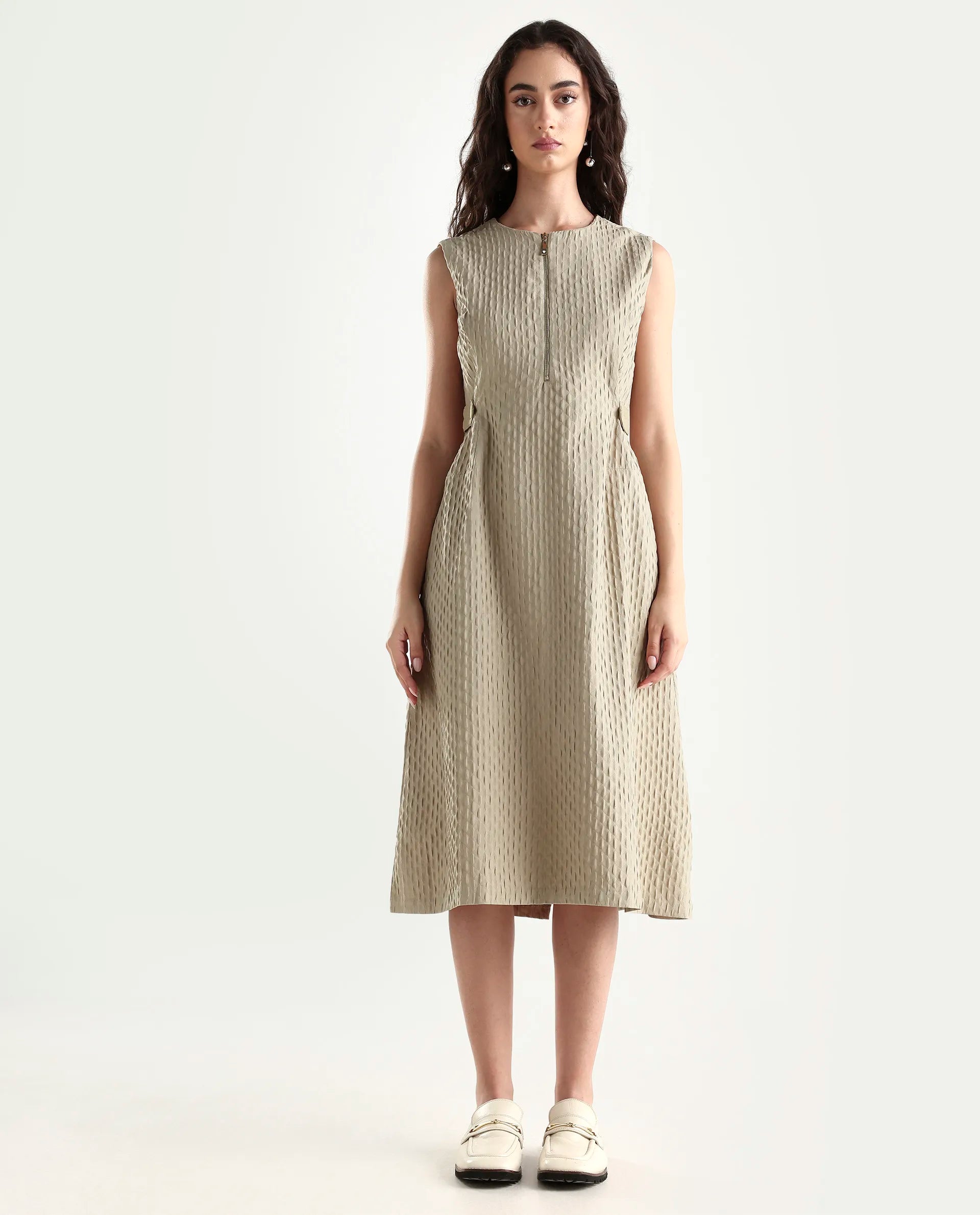 Rareism Women's Zelina Beige Polyester Round Neck Plain Sleeveless Knee Length A-Line Dress