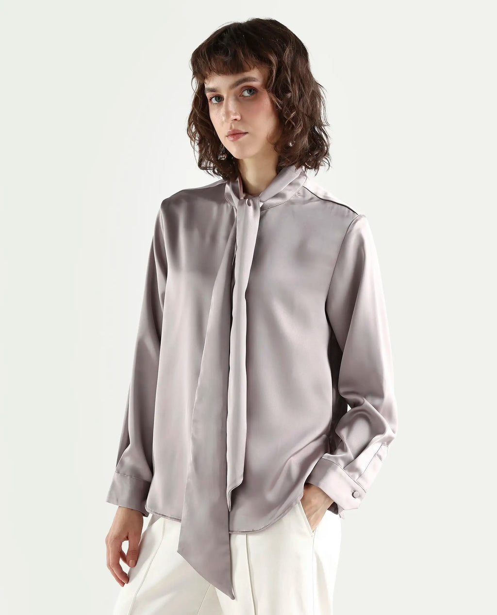Rareism Women's Bingol Dusky Beige Cotton Mandarin Collar Plain Cuffed Sleeve Regular Fit Shirt