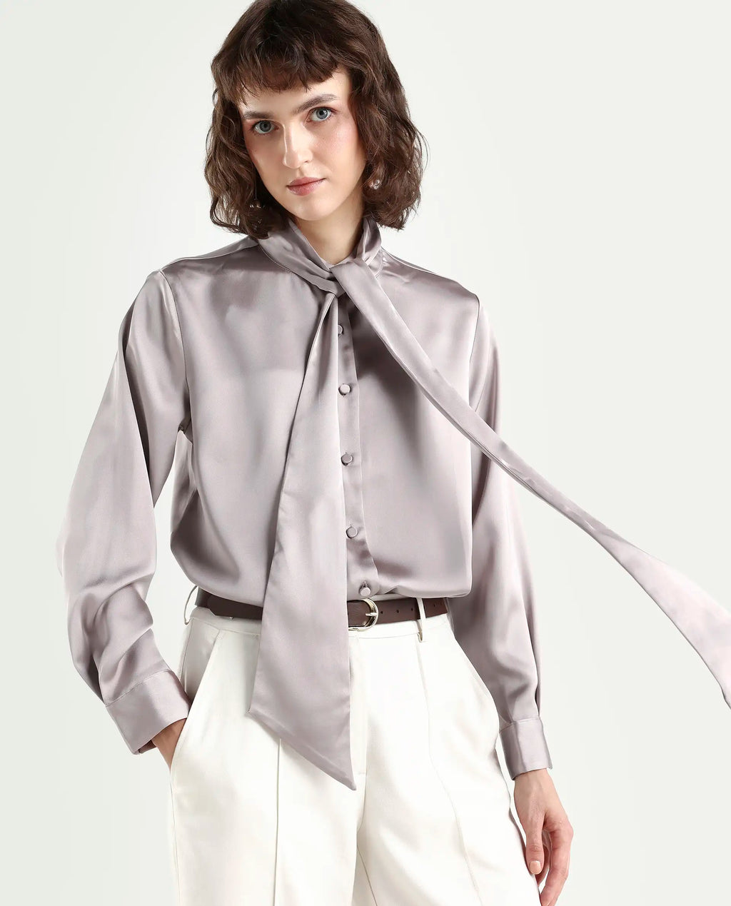 Rareism Women's Bingol Dusky Beige Cotton Mandarin Collar Plain Cuffed Sleeve Regular Fit Shirt