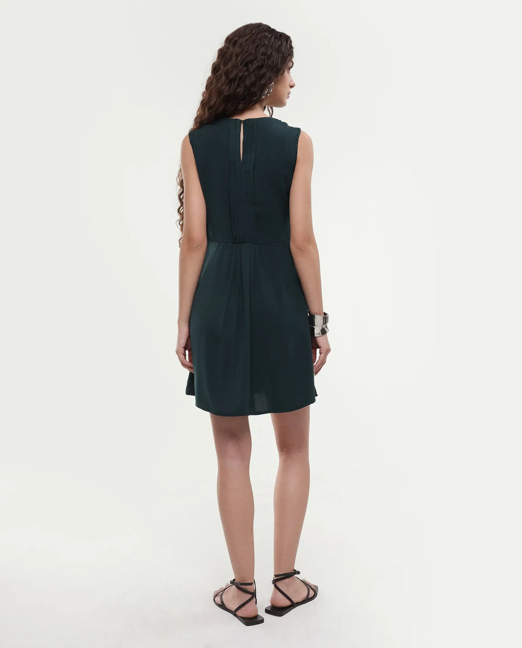 Rareism Women's Roux Olive Polyester Blend Crew Neck Plain Sleeveless Mini Fit And Flare Dress