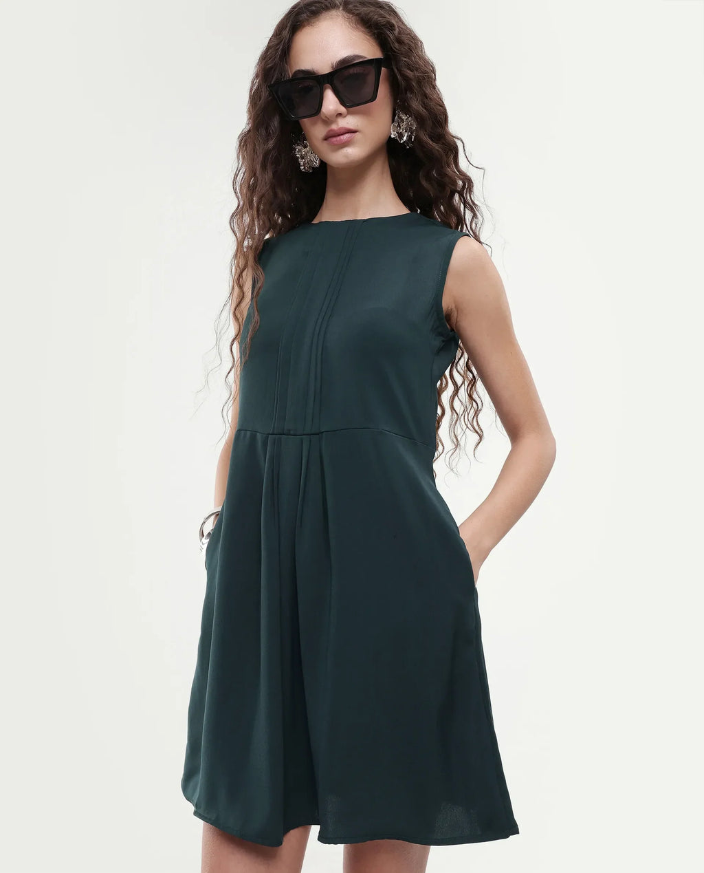 Rareism Women's Roux Olive Polyester Blend Crew Neck Plain Sleeveless Mini Fit And Flare Dress