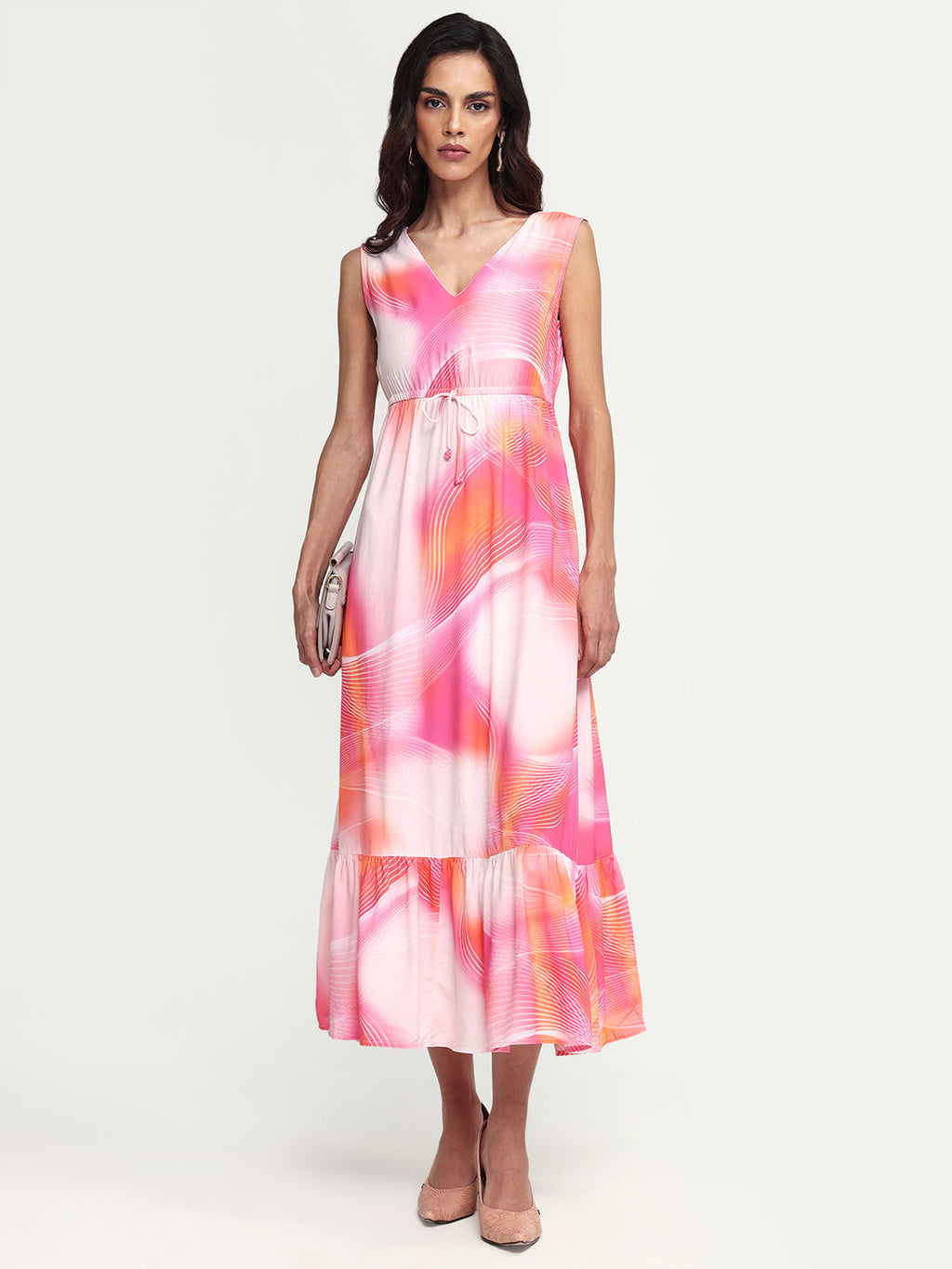 Rareism Women's Luanda Multi Viscose V-Neck Abstract Print Sleeveless Maxi Fit And Flare Dress