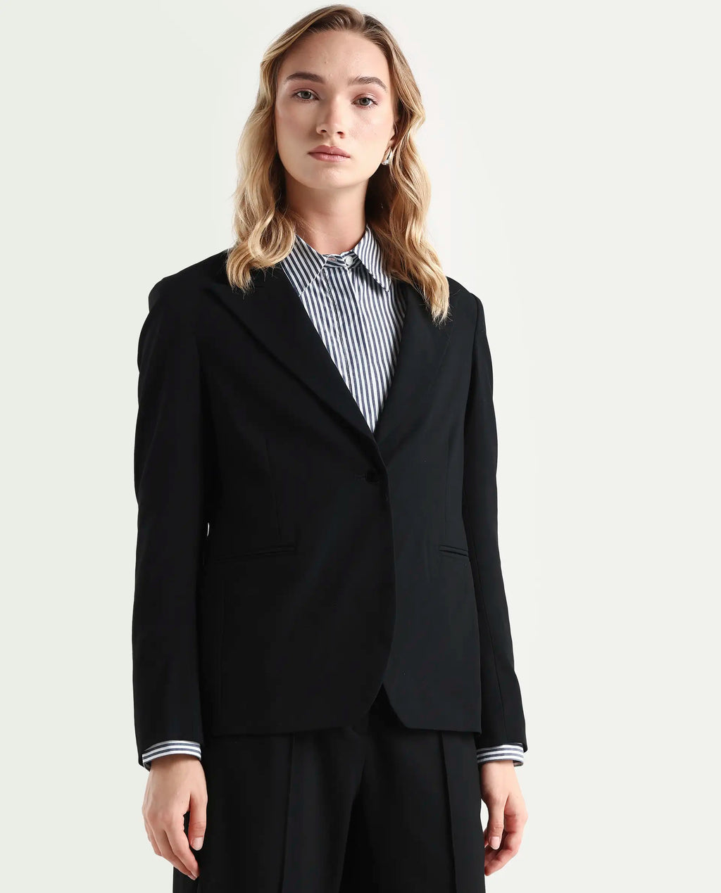 Rareism Women's Zivya Dark Black Polyester Blend Lapel Neck Plain Regular Fit Blazer