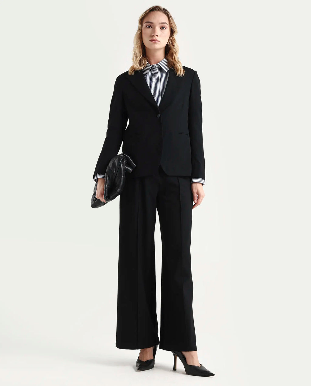 Rareism Women's Zivya Dark Black Polyester Blend Lapel Neck Plain Regular Fit Blazer