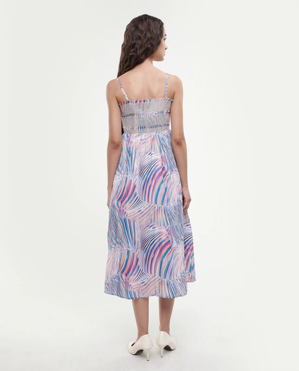 Rareism Women's Shanks Multi Polyester Blend Shoulder Strap Abstract Print Sleeveless Midi Fit And Flare Dress