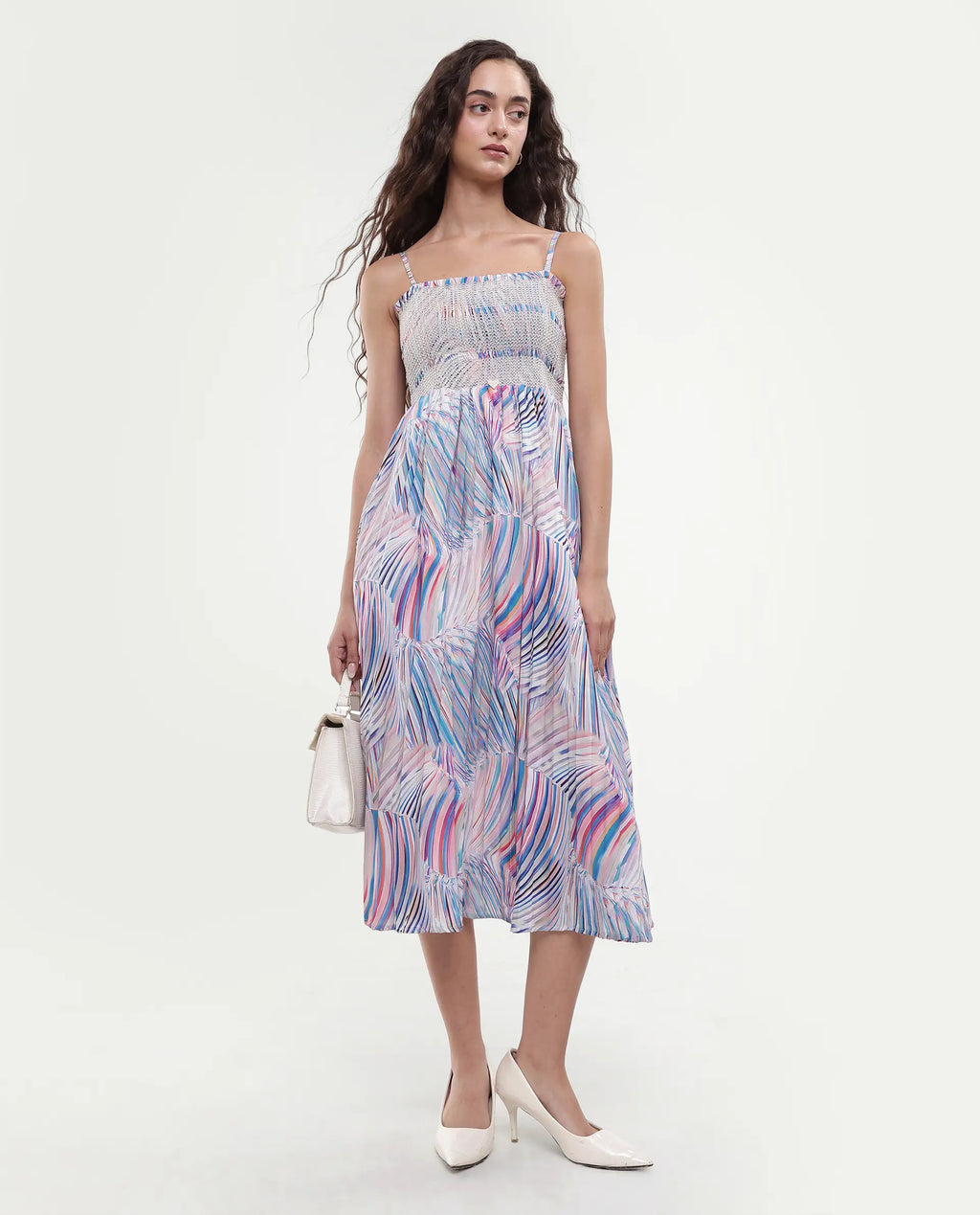Rareism Women's Shanks Multi Polyester Blend Shoulder Strap Abstract Print Sleeveless Midi Fit And Flare Dress