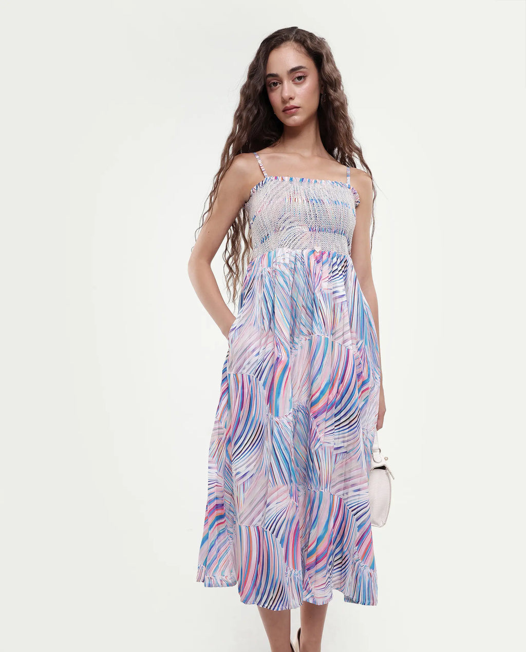 Rareism Women's Shanks Multi Polyester Blend Shoulder Strap Abstract Print Sleeveless Midi Fit And Flare Dress