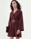 Rareism Women's Alvida Brown Cotton Lapel Neck Plain Mini A-Line Dress