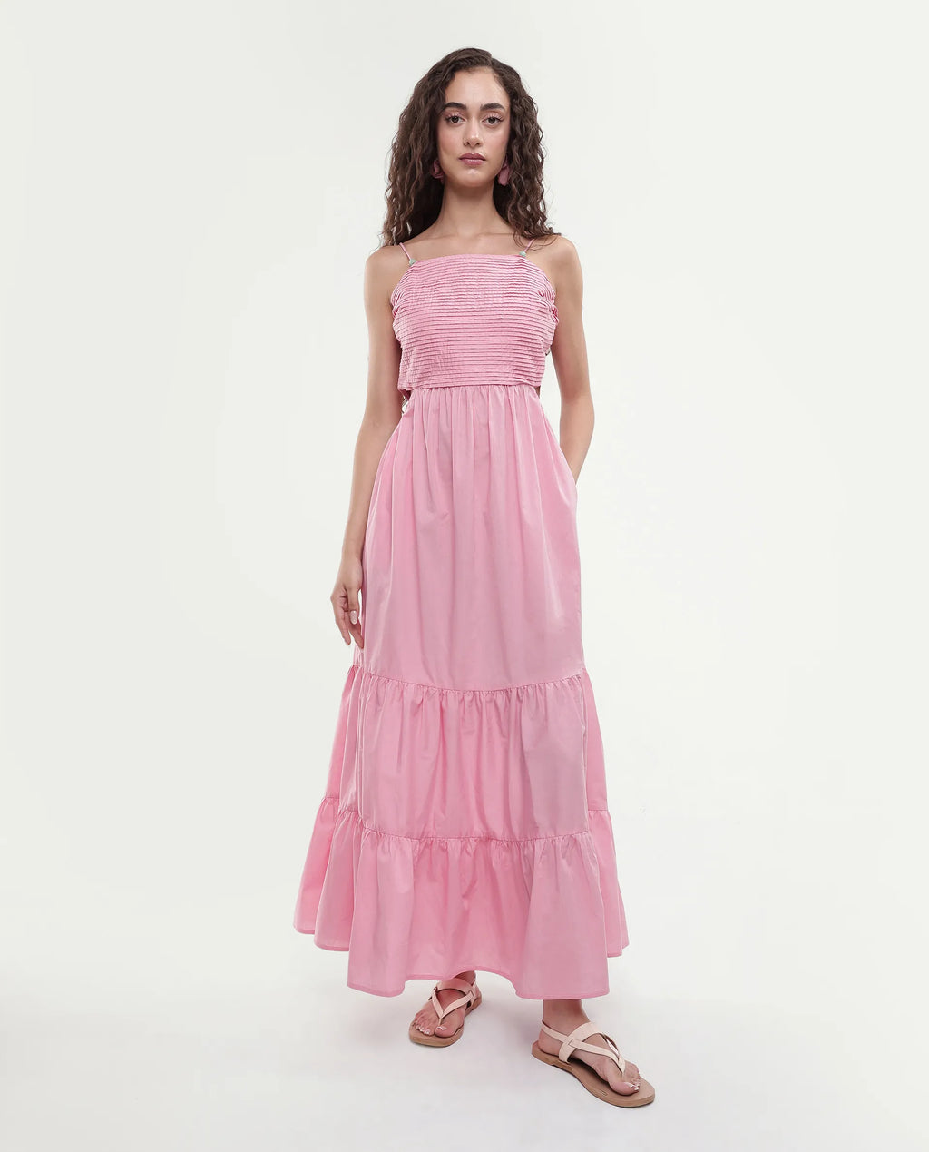 Rareism Women's Schor Pink Cotton Shoulder Strap Plain Maxi Fit And Flare Dress