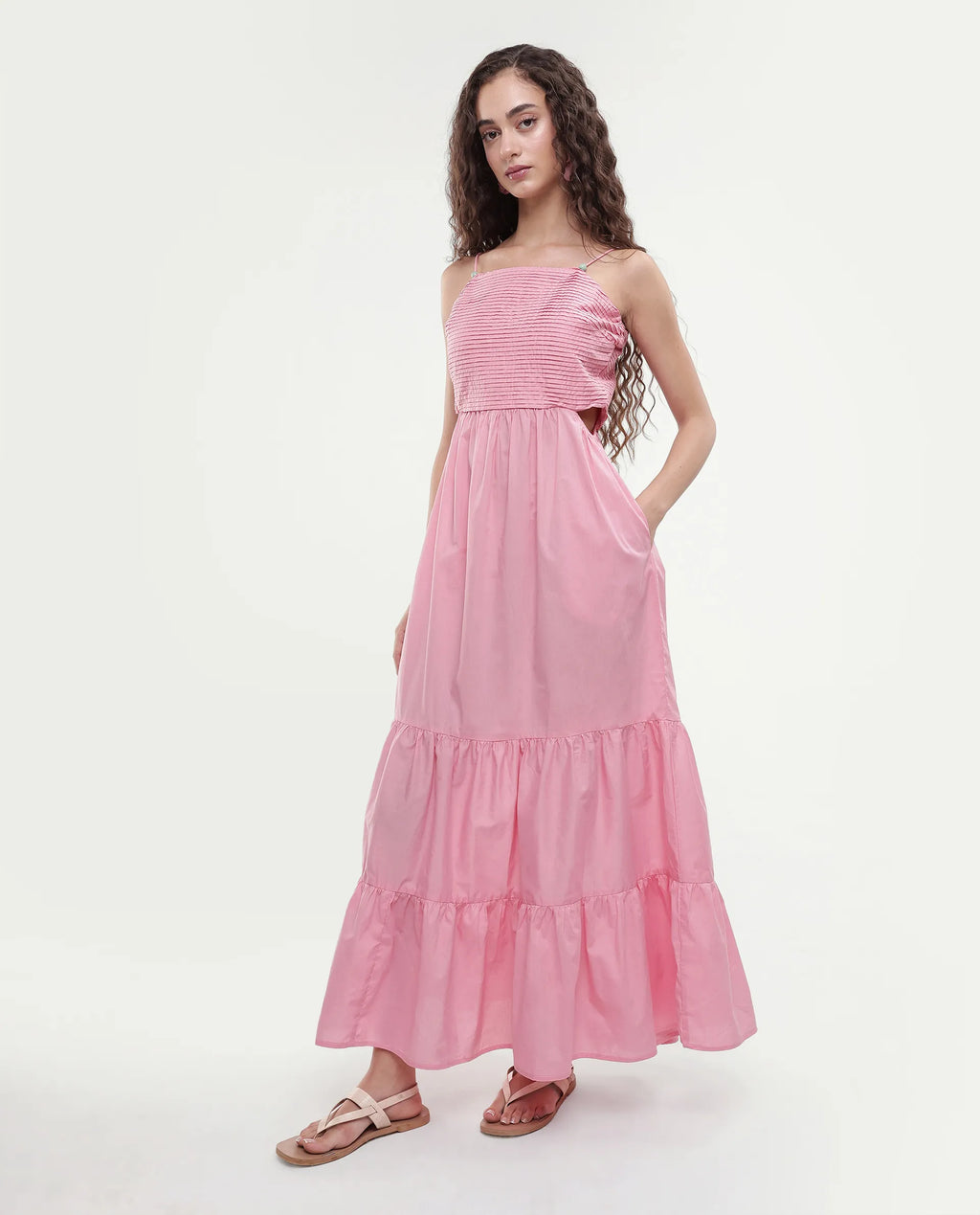Rareism Women's Schor Pink Cotton Shoulder Strap Plain Maxi Fit And Flare Dress