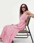 Rareism Women's Schor Pink Cotton Shoulder Strap Plain Maxi Fit And Flare Dress