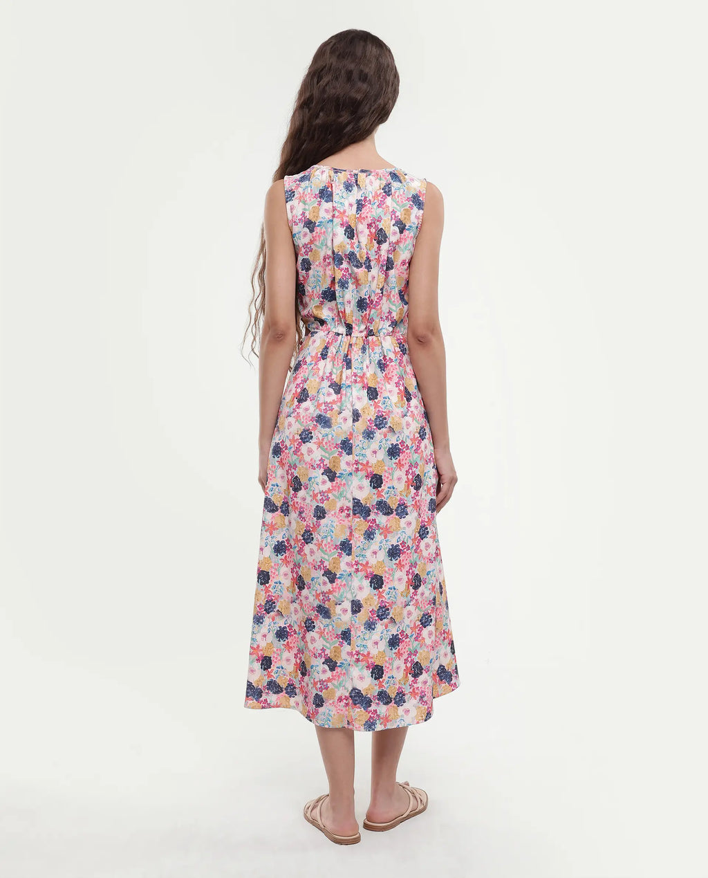 Rareism Women's Rinaf Multi Satin Round Neck Floral Print Sleeveless Midi Fit And Flare Dress
