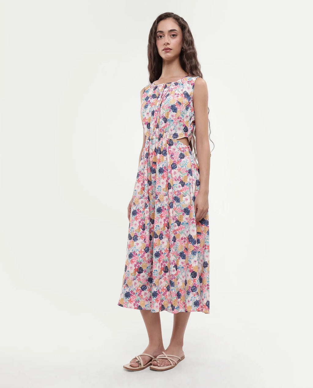 Rareism Women's Rinaf Multi Satin Round Neck Floral Print Sleeveless Midi Fit And Flare Dress