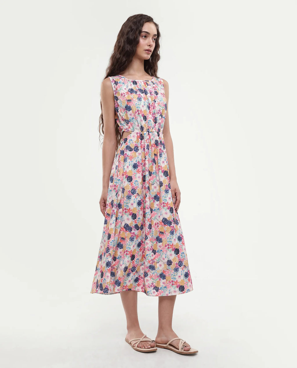 Rareism Women's Rinaf Multi Satin Round Neck Floral Print Sleeveless Midi Fit And Flare Dress