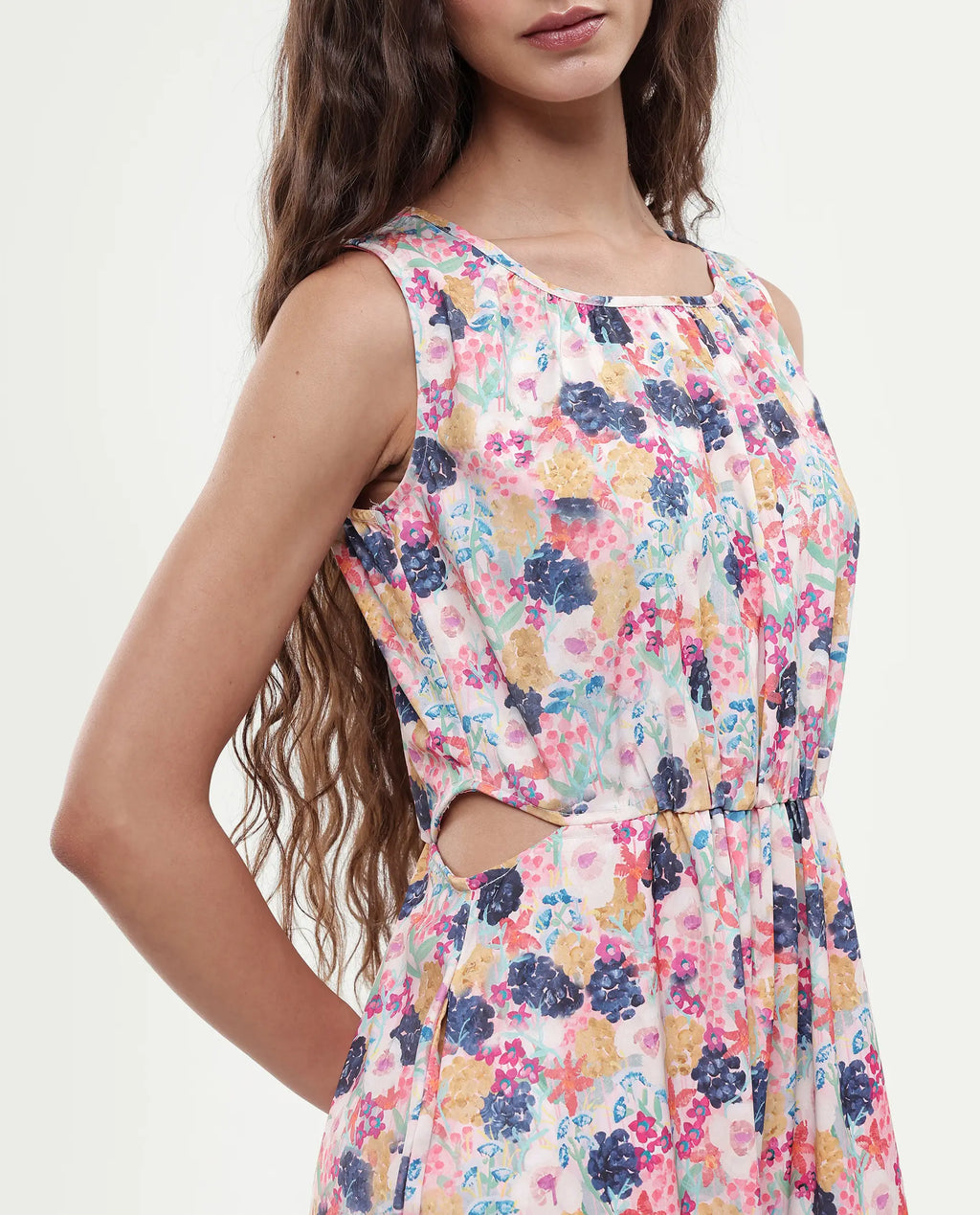 Rareism Women's Rinaf Multi Satin Round Neck Floral Print Sleeveless Midi Fit And Flare Dress