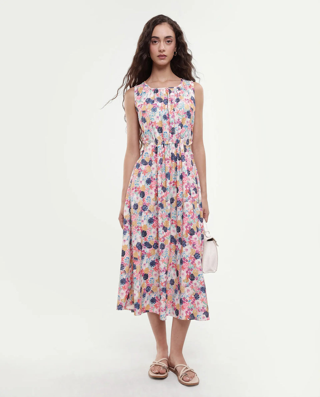 Rareism Women's Rinaf Multi Satin Round Neck Floral Print Sleeveless Midi Fit And Flare Dress