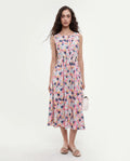 Rareism Women's Rinaf Multi Satin Round Neck Floral Print Sleeveless Midi Fit And Flare Dress