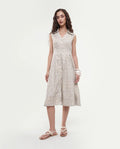 Rareism Women's Bujum Multi Linen Johnny Collar Geometric Print Sleeveless Midi A-Line Dress