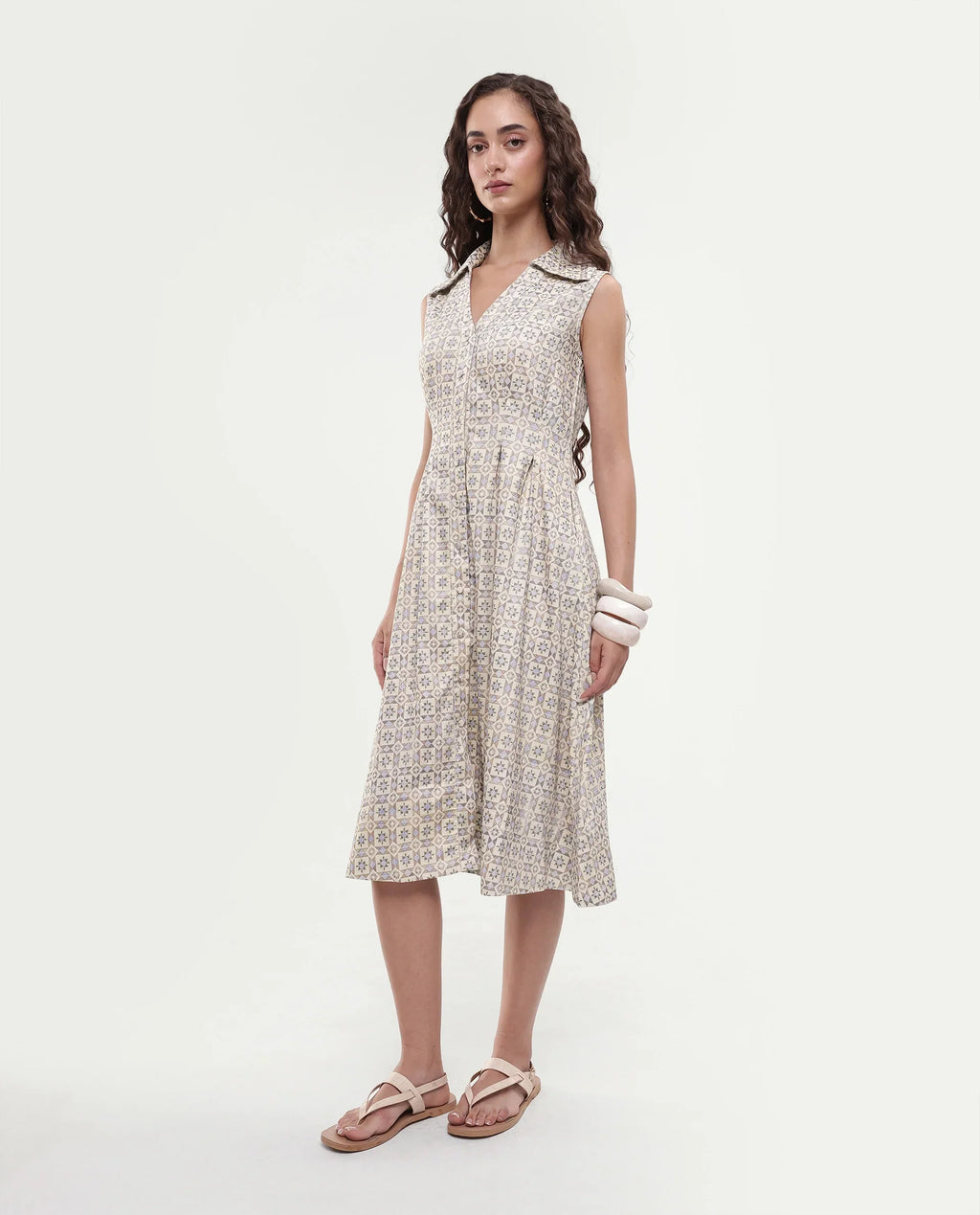 Rareism Women's Bujum Multi Linen Johnny Collar Geometric Print Sleeveless Midi A-Line Dress