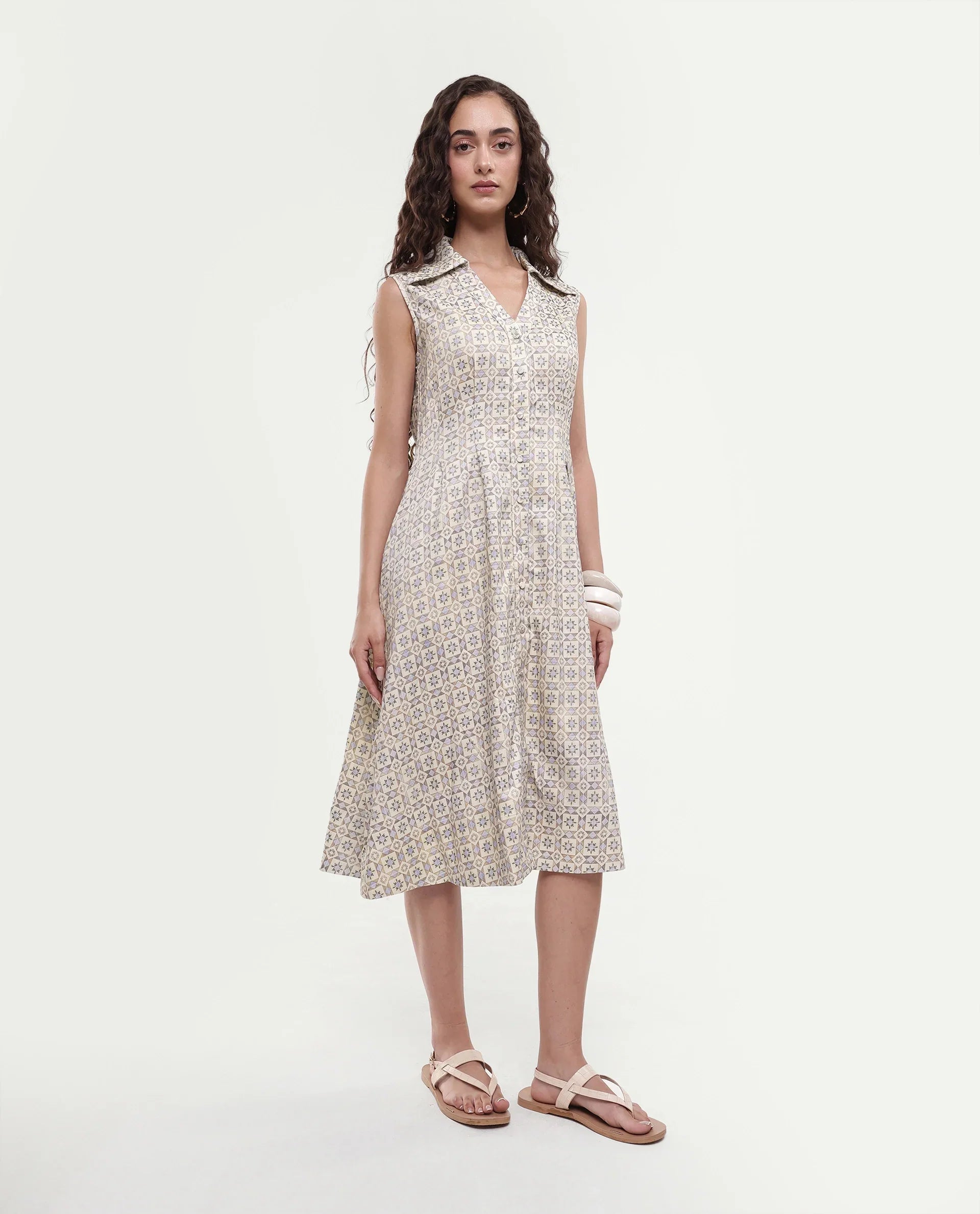 Rareism Women's Bujum Multi Linen Johnny Collar Geometric Print Sleeveless Midi A-Line Dress
