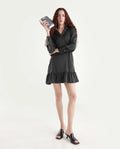 Rareism Women's Michiko Grey Satin Lapel Neck Plain Cuffed Sleeve Mini Fit And Flare Dress