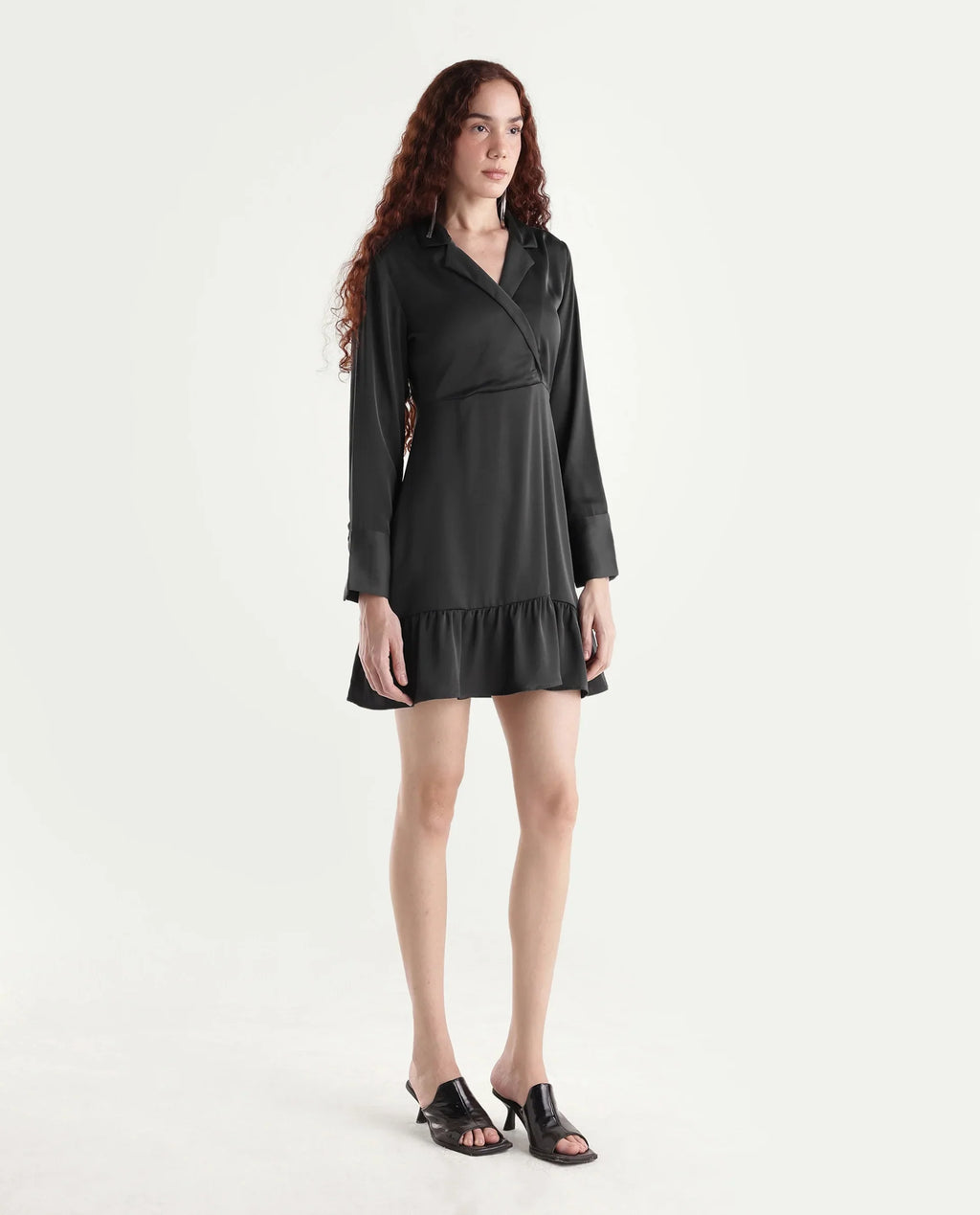 Rareism Women's Michiko Grey Satin Lapel Neck Plain Cuffed Sleeve Mini Fit And Flare Dress