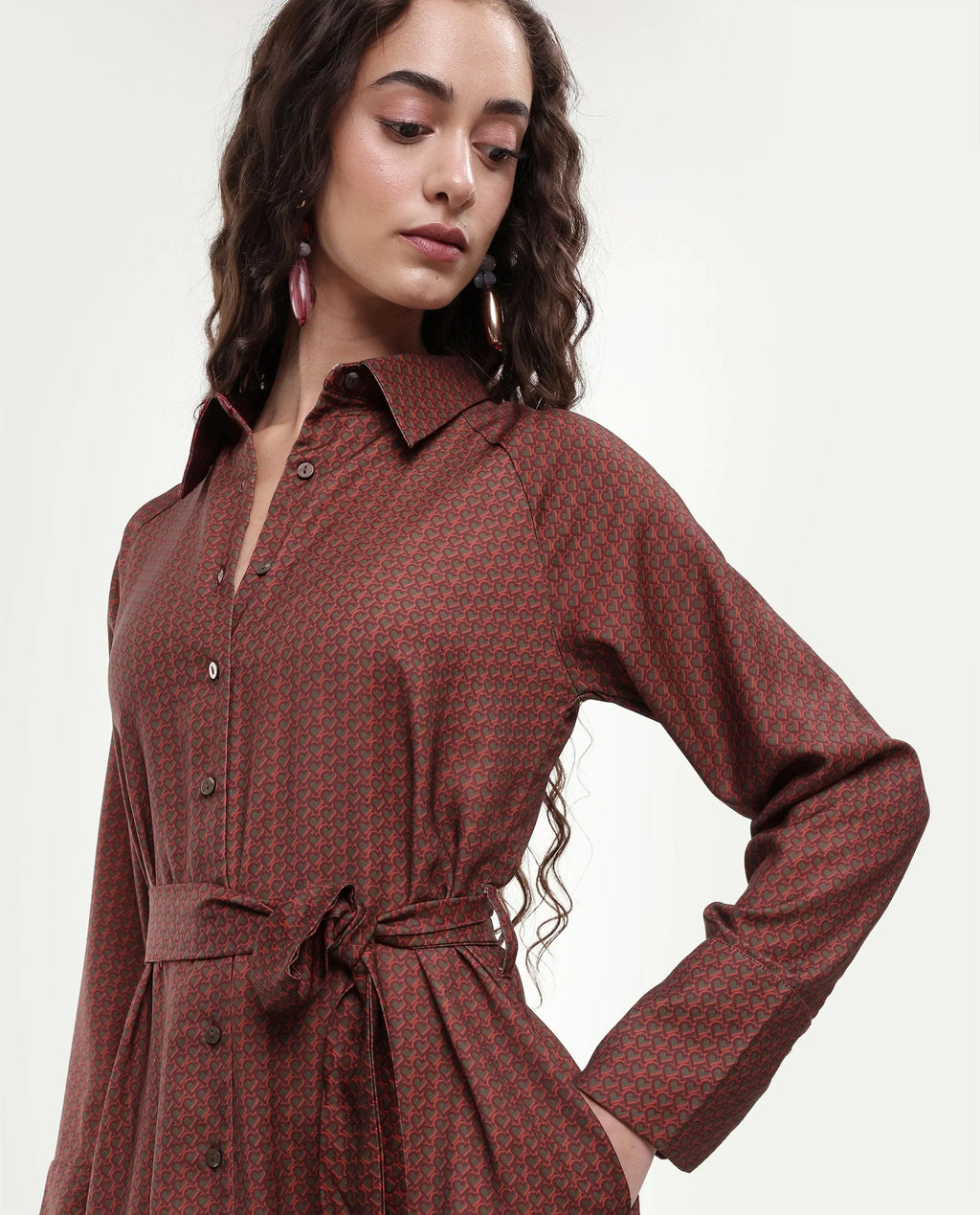 Rareism Women's Paari Multi Polyester Spread Collar Plain Cuffed Sleeve Midi Straight Fit Dress