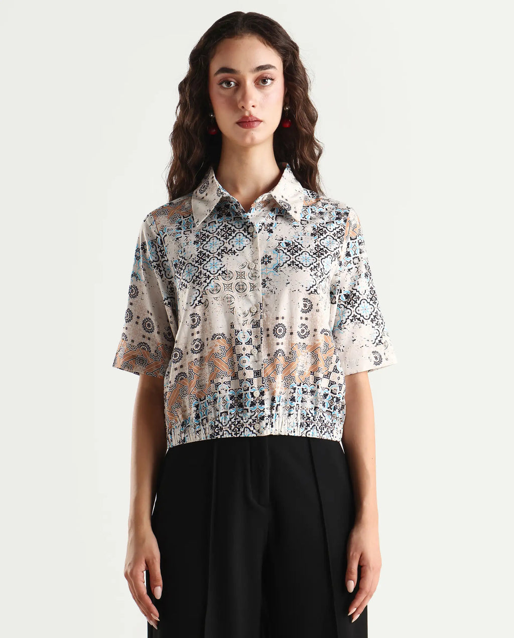Rareism Women's Kitanas Multi Cotton Spread Collar Abstract Print Crop Regular Fit Top