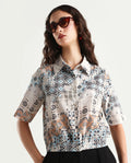 Rareism Women's Kitanas Multi Cotton Spread Collar Abstract Print Crop Regular Fit Top