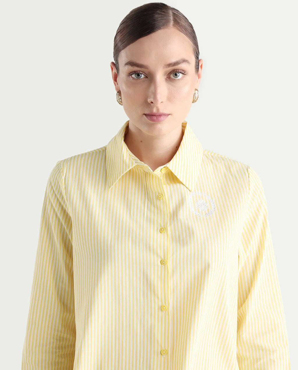 Rareism Women's Robbu Yellow Cotton Drop Collar Striped Cuffed Sleeve Regular Fit Shirt
