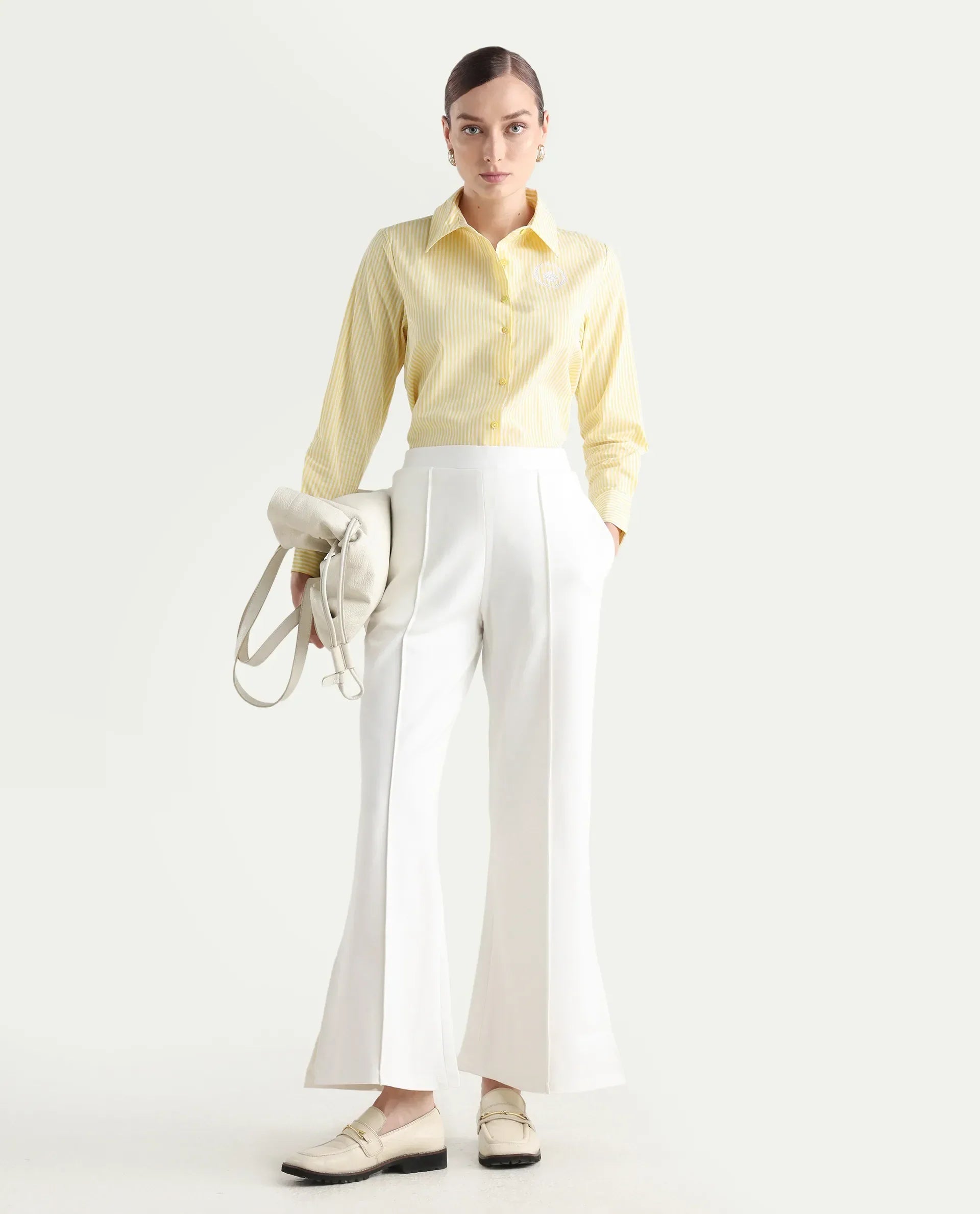 Rareism Women's Robbu Yellow Cotton Drop Collar Striped Cuffed Sleeve Regular Fit Shirt
