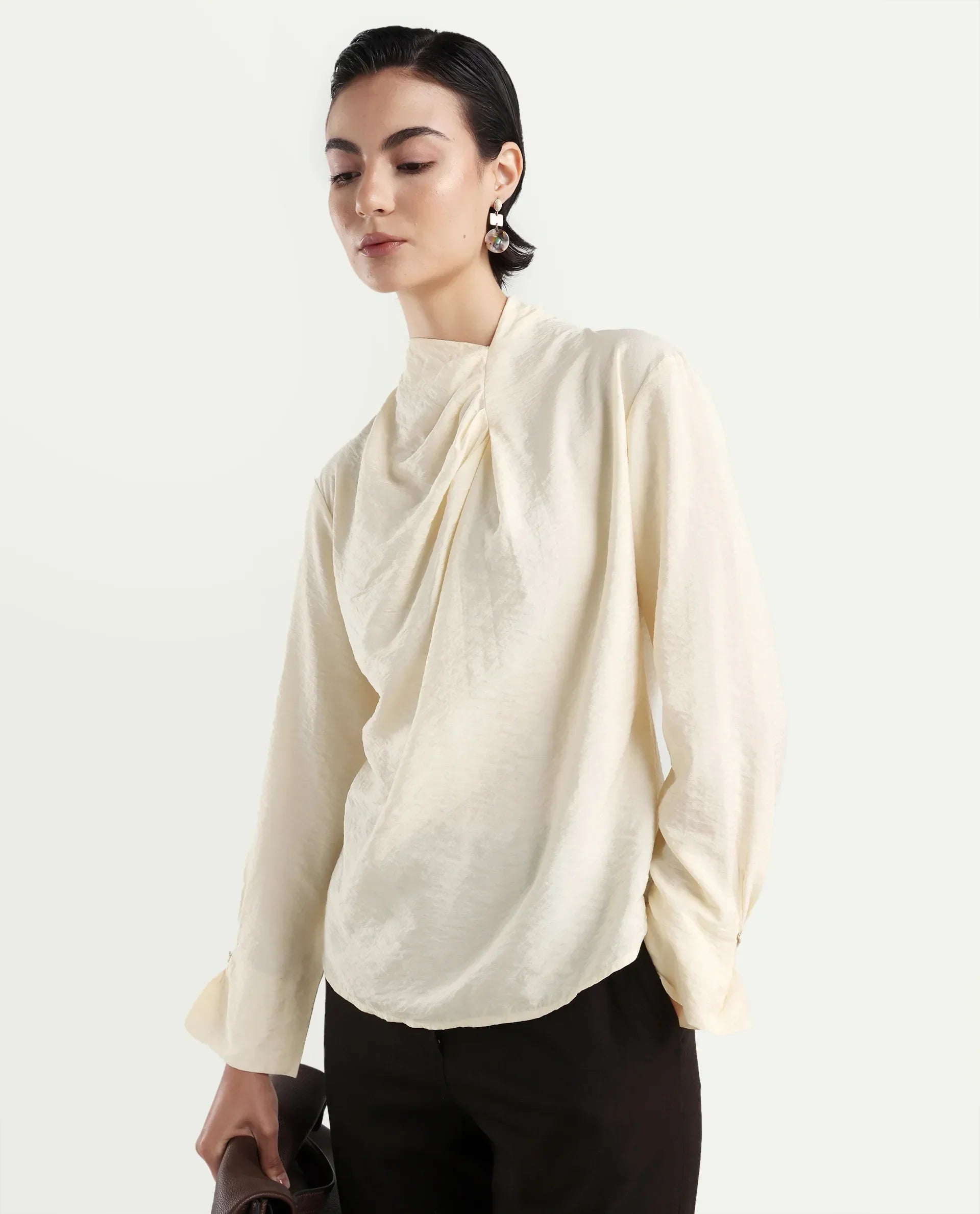 Rareism Women's Xave Beige Nylon Nylon Blend Spread Collar Plain Regular Fit Shirt