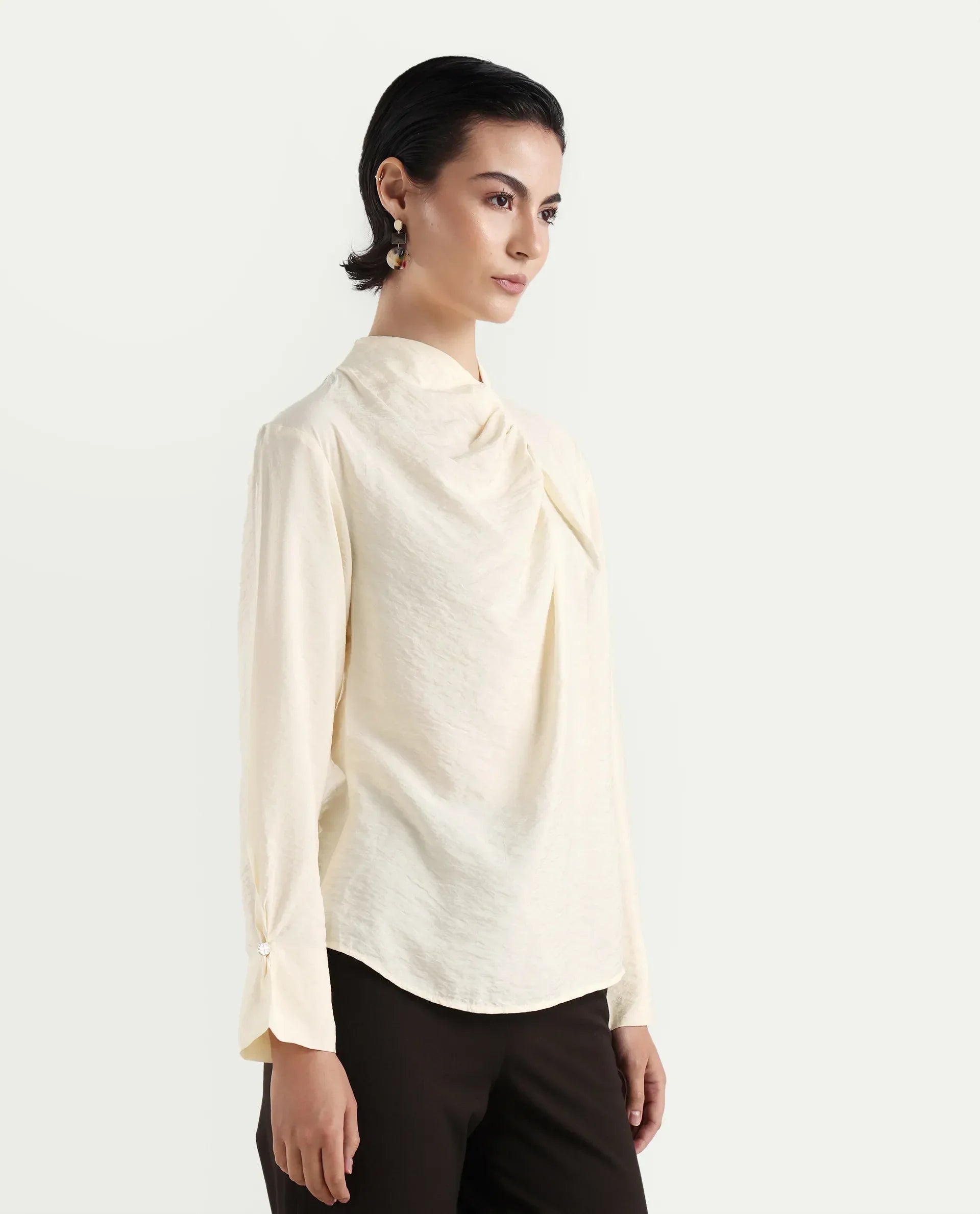 Rareism Women's Xave Beige Nylon Nylon Blend Spread Collar Plain Regular Fit Shirt