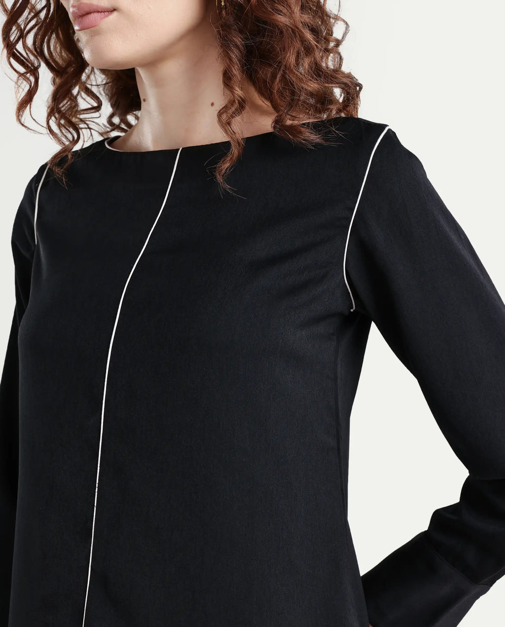 Rareism Women's Pidet Black Satin Boat Neck Plain Cuffed Sleeve Regular Fit Top
