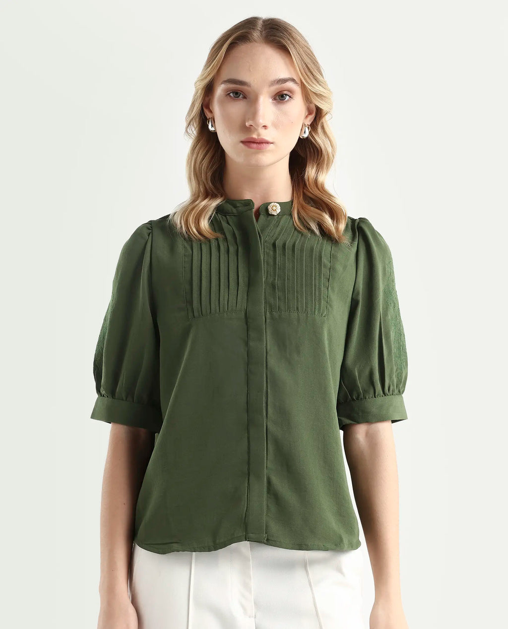 Rareism Women's Onit Olive Polyester Mandarin Collar Plain Bishop Sleeve Regular Fit Top