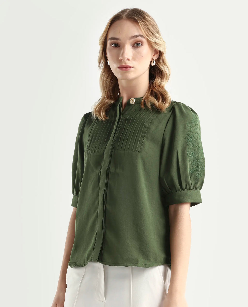 Rareism Women's Onit Olive Polyester Mandarin Collar Plain Bishop Sleeve Regular Fit Top