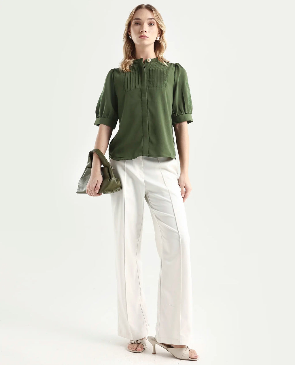 Rareism Women's Onit Olive Polyester Mandarin Collar Plain Bishop Sleeve Regular Fit Top