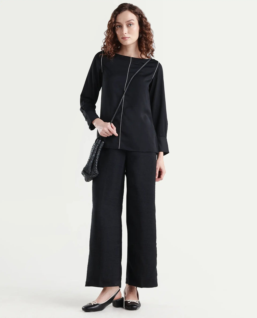 Rareism Women's Pidet-B-Black Satin Plain Ankle Length Wide Trouser