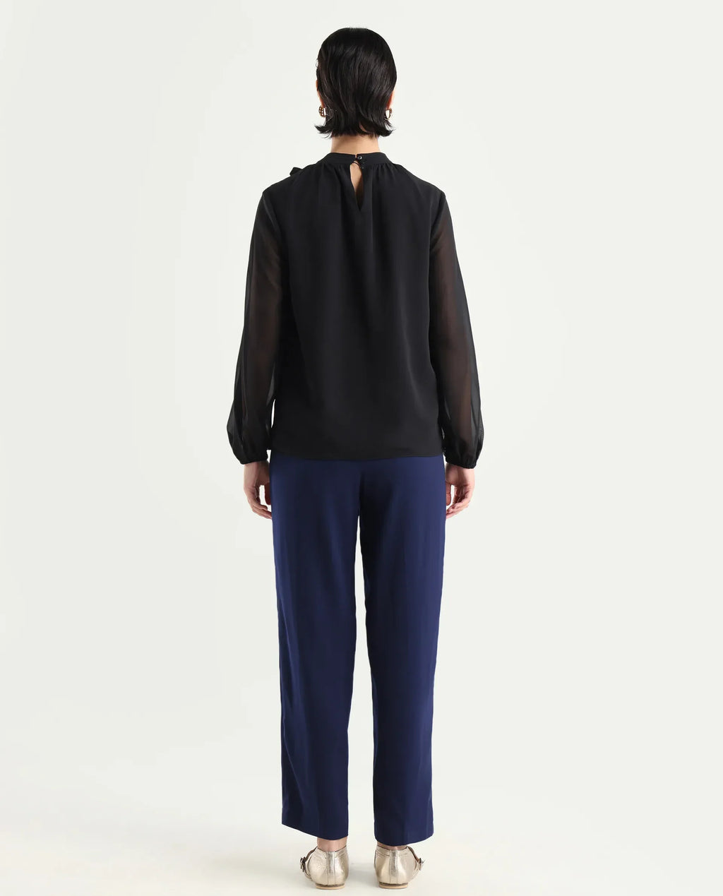 Rareism Women's Skrein Navy Polyester Blend Plain Ankle Length Straight Fit Trouser