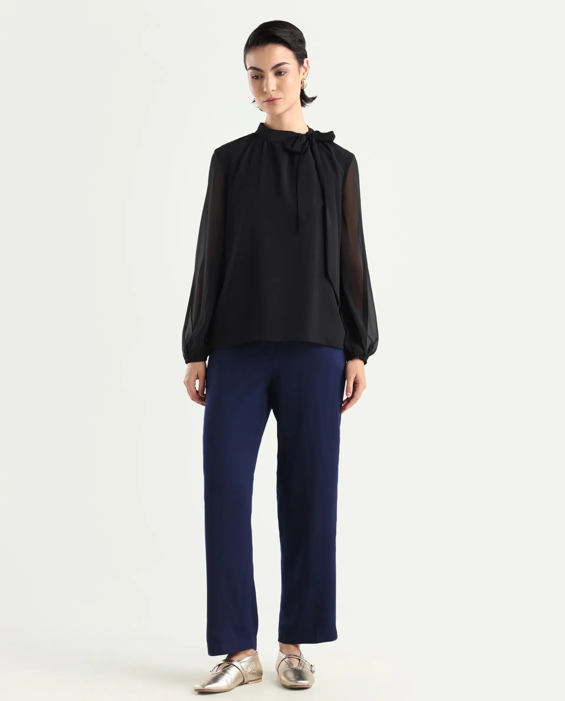 Rareism Women's Skrein Navy Polyester Blend Plain Ankle Length Straight Fit Trouser