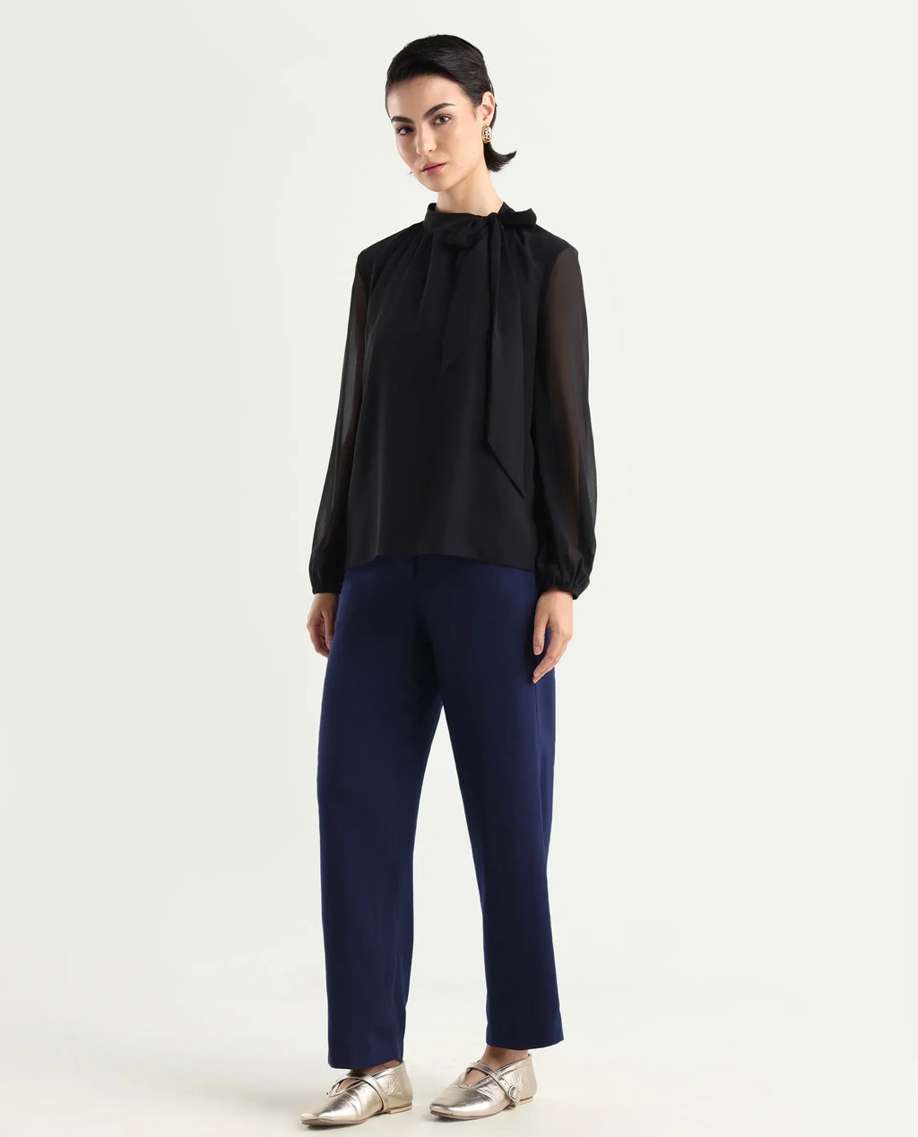 Rareism Women's Skrein Navy Polyester Blend Plain Ankle Length Straight Fit Trouser