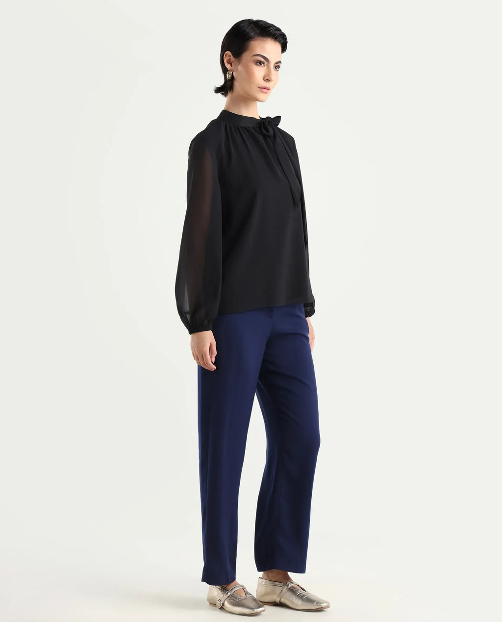 Rareism Women's Skrein Navy Polyester Blend Plain Ankle Length Straight Fit Trouser