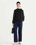 Rareism Women's Skrein Navy Polyester Blend Plain Ankle Length Straight Fit Trouser
