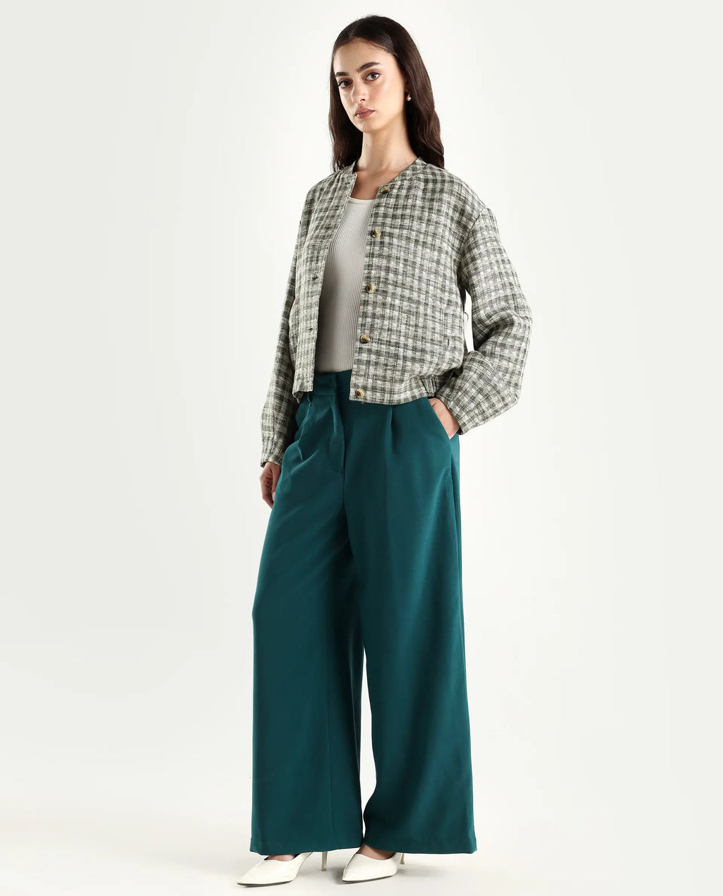 Rareism Women's Erica Green Polyester Blend Plain Ankle Length Wide Trouser