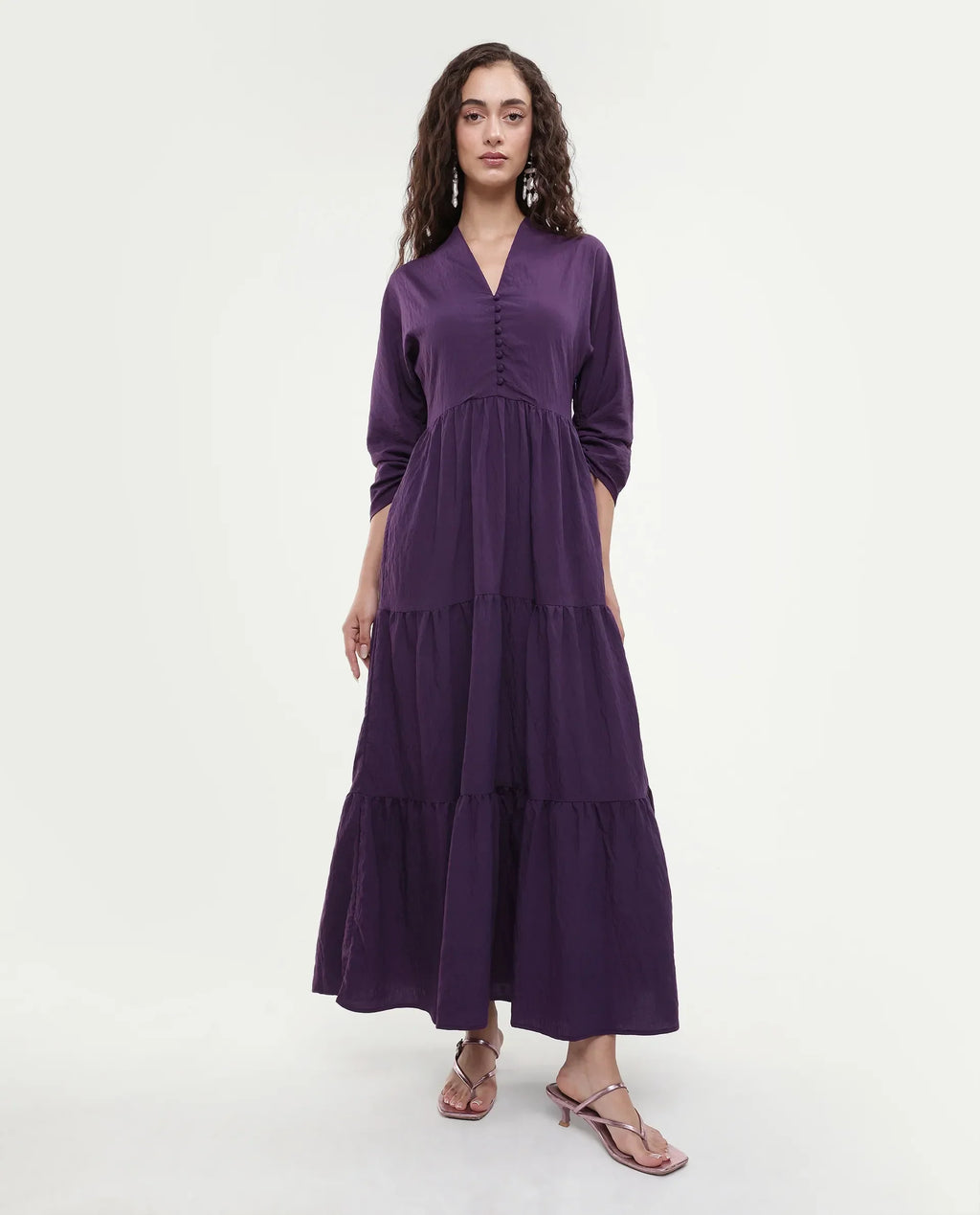 Rareism Women's Quroti Purple Nylon Blend Built-Up Neck Plain Kimono Sleeve Maxi Fit And Flare Dress