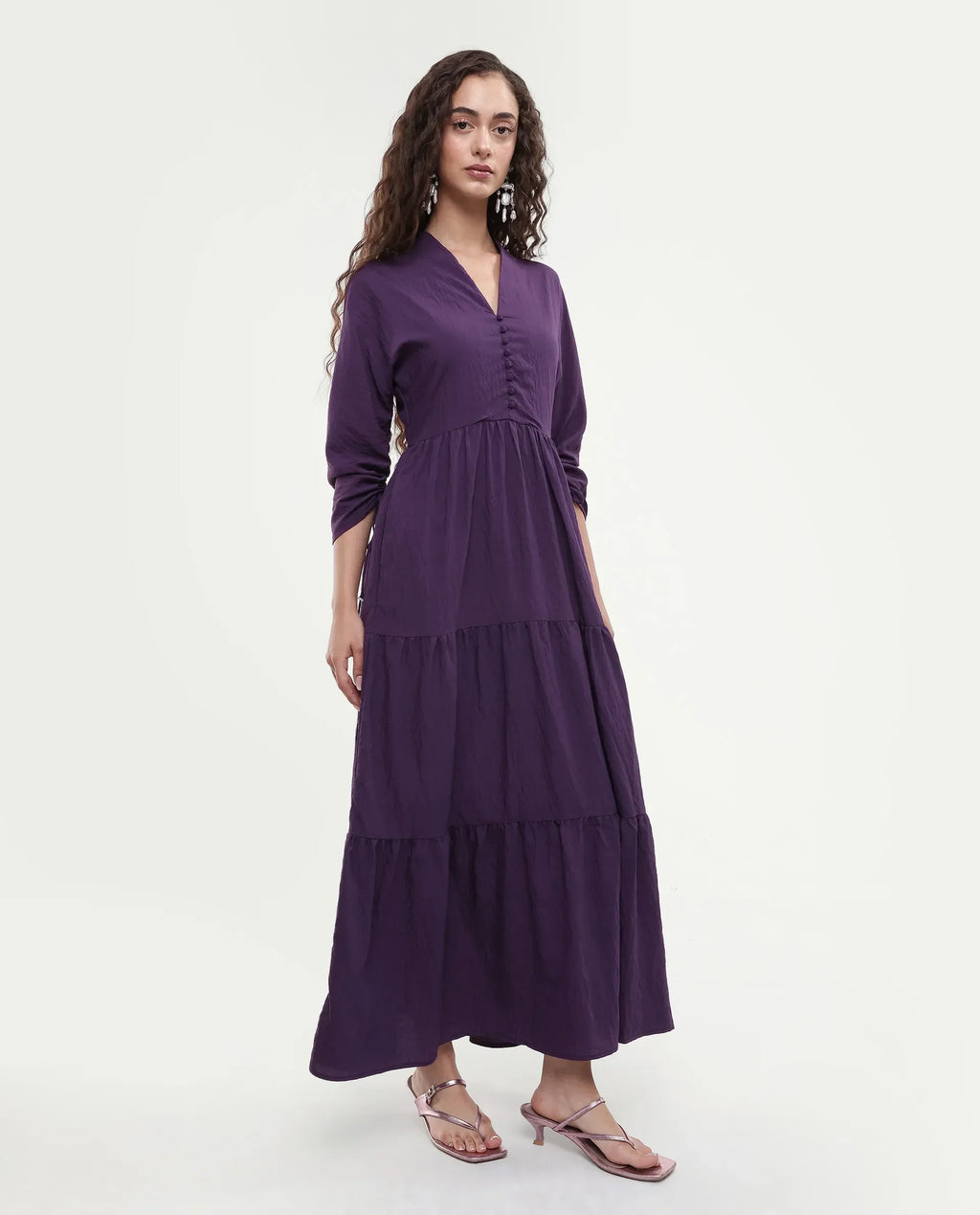 Rareism Women's Quroti Purple Nylon Blend Built-Up Neck Plain Kimono Sleeve Maxi Fit And Flare Dress