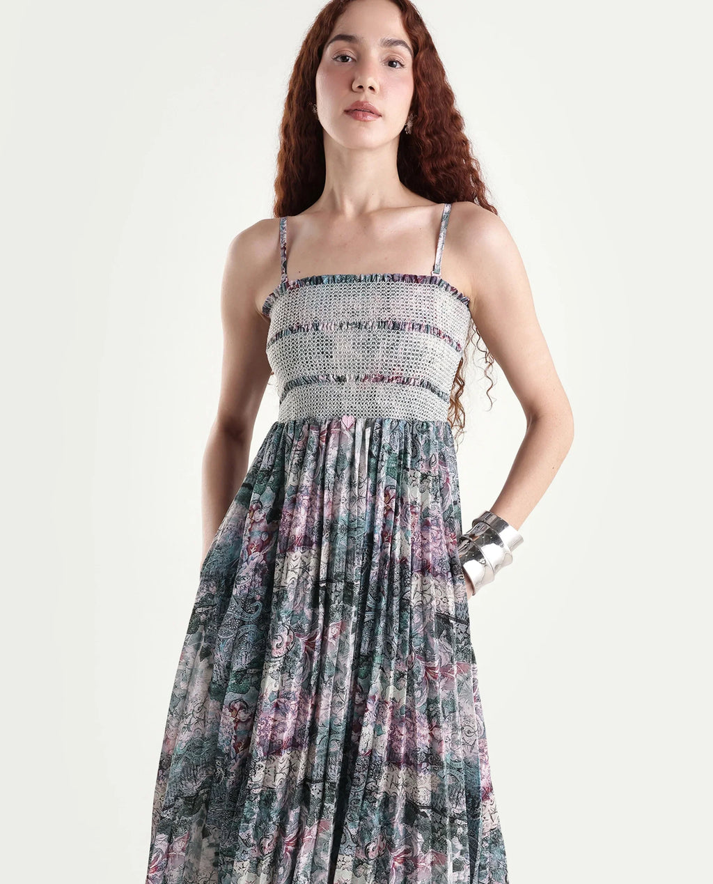 Rareism Women's Phanks Multi Polyester Tube Neck Abstract Print Sleeveless Midi Fit And Flare Dress