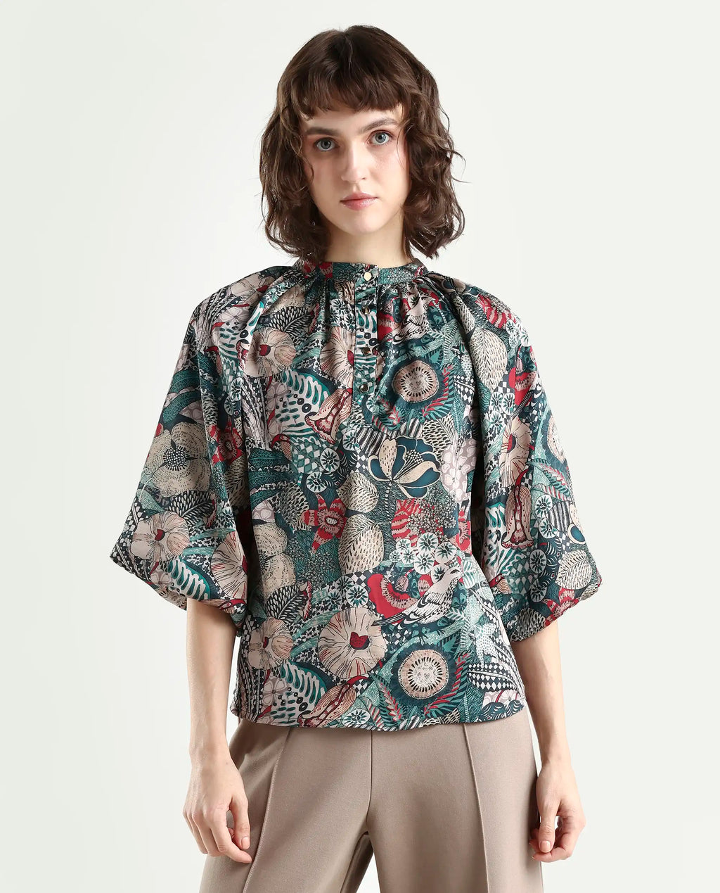 Rareism Women's Xito Multi Satin Mandarin Collar Abstract Print Raglan Sleeve Regular Fit Top