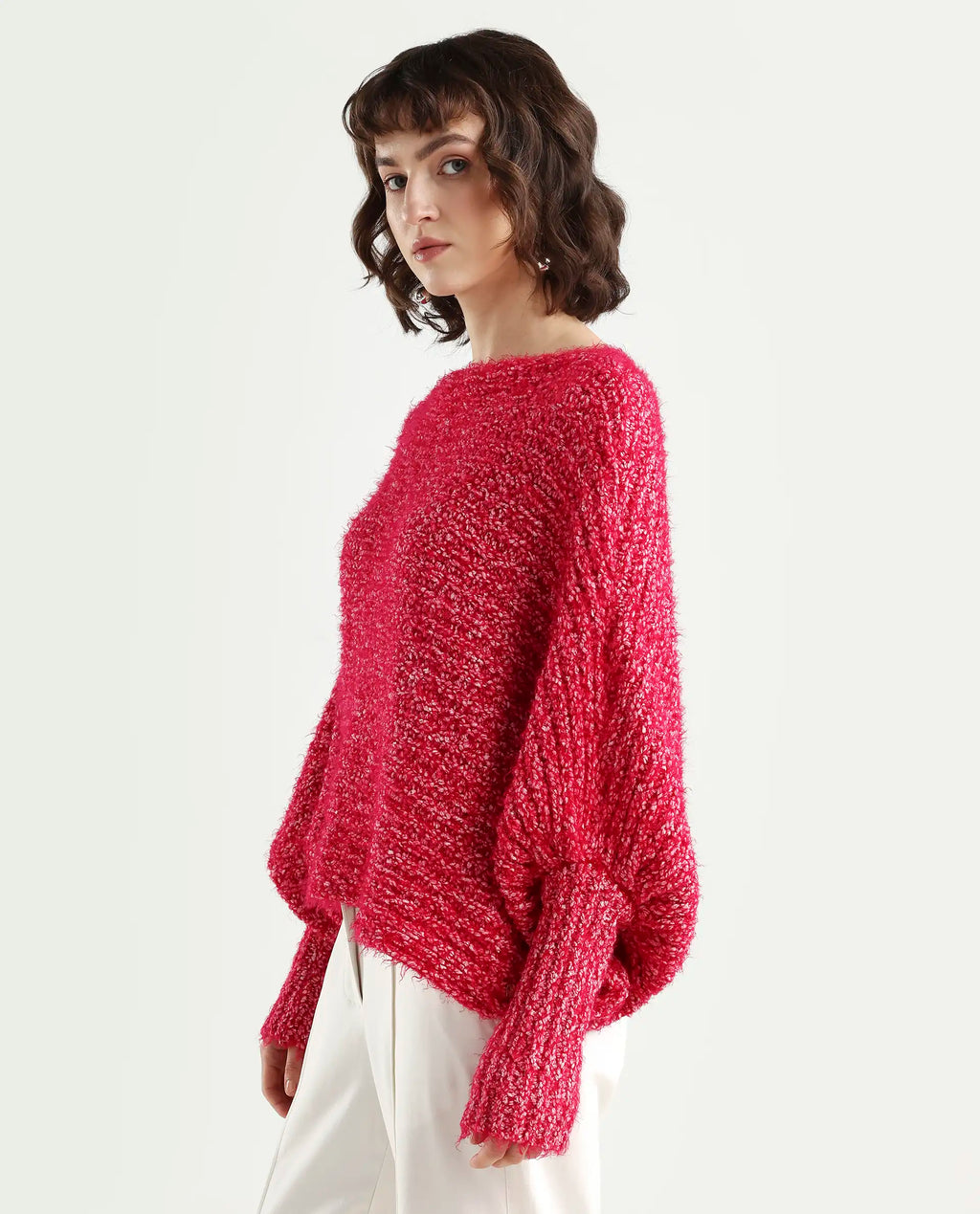 Rareism Women's Taro Dark Red Polyester Off Shoulder Dyed Relaxed Fit Sweater