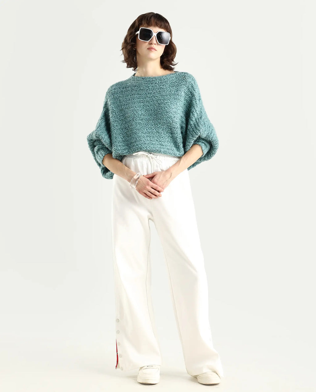 Rareism Women's Taro Teal Polyester Off Shoulder Plain Relaxed Fit Sweater